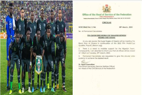 FG Directs closure of all Government offices to support Super Eagles Against Ghana on Tuesday