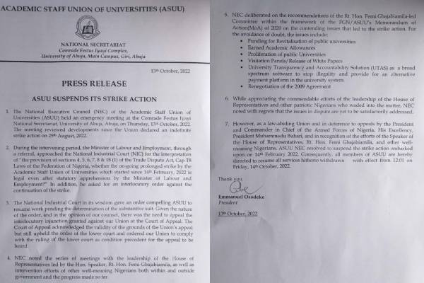 ASUU SUSPENDS 8 MONTH OLD STRIKE CONDITIONALLY